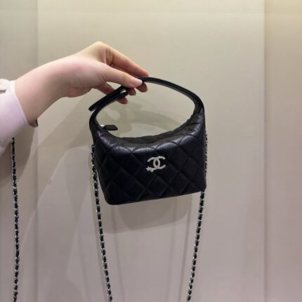 Chanel Hobo Bag With Chain In Black In Caviar Leather